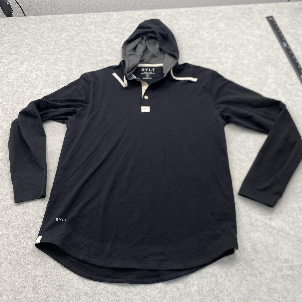 BYLT Shirt Mens Large Black Drop Cut Hooded Henley Lux Stretch Long Sleeve Tee